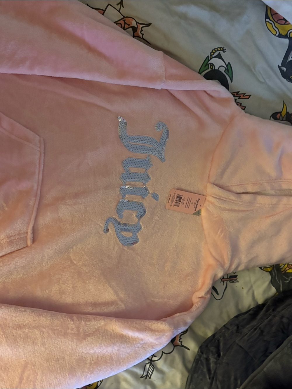 Juicy Couture Pink Hooded Women’s Plush Oversized Pullover with Blue Sequin Logo